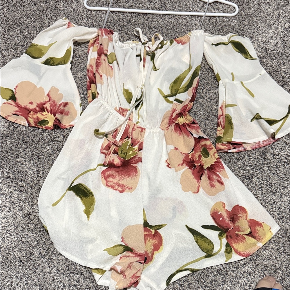 ROMWE Floral Off-Shoulder Jumpsuit - White and Pink